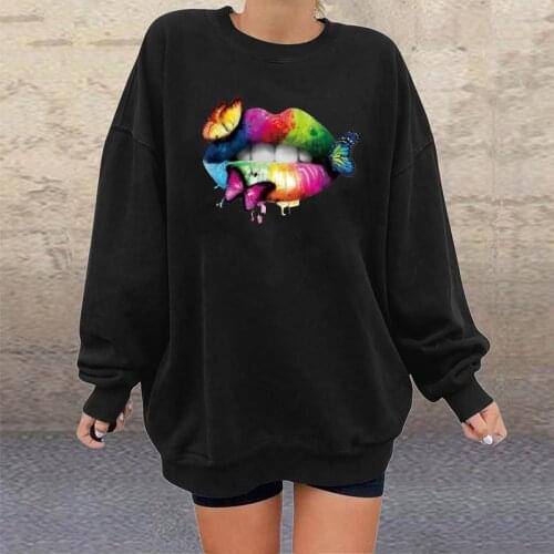 Multicolored Lips Butterflies Print Drop-shoulder Sweatshirts Women Casual Long Sleeve O-neck Female Sweatshirt Ropa De Mujer