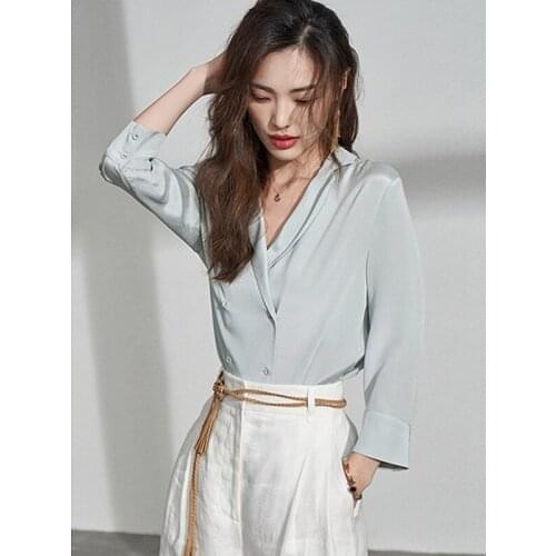 Blouse Women Elegant Style 100 % Silk Turn-down Collar Three-quarter Sleeves Double Breasted Summer Shirt Ladies New Fashion