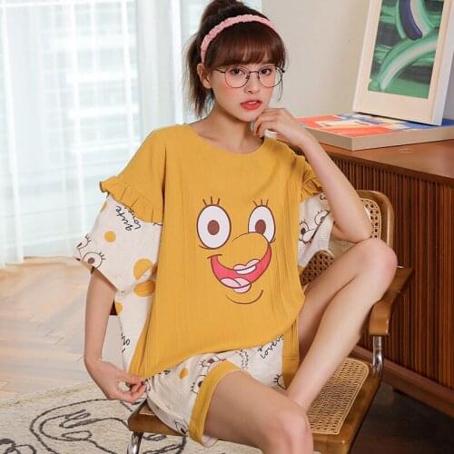 Womens pajamas womens summer cotton short sleeve pants thin Korean cartoon sweet lovely summer can wear home suit
