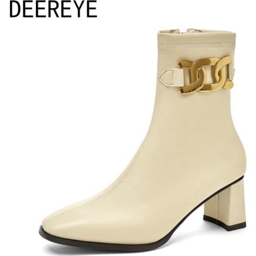 Elastic Microfiber Women Ankle Boots Metal Decoration Chunky Heel 6CM Short Booties Velvet/No Fur Square Toe Side Zipper Shoe