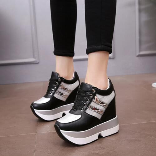 2019 Fashion Womens High Platform Casual Shoes Height Increasi leathe Shoes 12 CM Thick Sole Trainers Lady Shoes White Sneakers