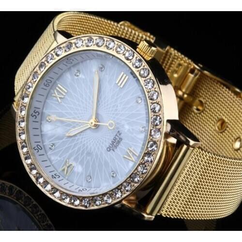 Women Fashion Rhinestone Roman Numerals Gold Plated Metal Mesh Band Wrist Watch Big Dial, Luxury Design, Rhinestone Decor, Threa