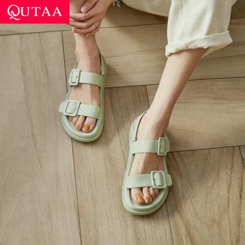 QUTAA 2021 New Summer Wedge Heel Buckle Women Shoes Open Toe Basic Ladies Pumps Genuine Leather Platform Sandals Size 34-40