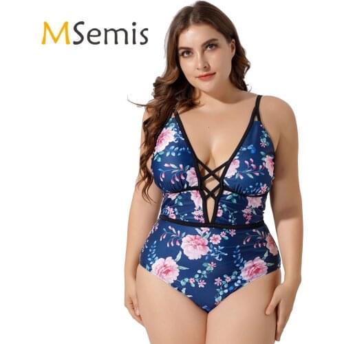 Women Plus Size Swimsuit Deep V Neck Straps Hollow Out Criss Cross Front Removable Bust Pads Floral Print Bodysuit Bathing Suit