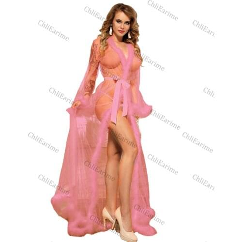 Womens Feather Lace Robe Long Lace Dress Tulle Mesh Slip