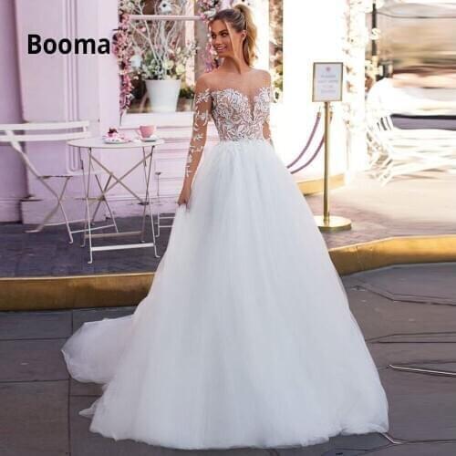 Booma vestido de novia Long Sleeve Wedding Dresses Beach 2020 Lace Appliqued Soft Tulle Bridal Gowns Boho Princess Party Dress