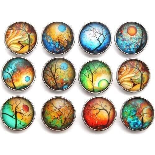 10pcs/lot New Random Mixed Printing Life Tree Pattern Glass 18mm Snap Buttons DIY Accessories Fit Snap Bracelet Button Jewelry