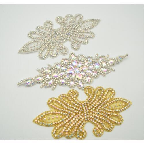 2pcs Crystal Beaded Bridal Diamante Motif Rhinestone Wedding Applique Patch for African dress