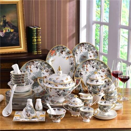 2021 bone china animal tableware set porcelain Equatorial jungle dinnerware set plates set 58pcs for Christmas gift