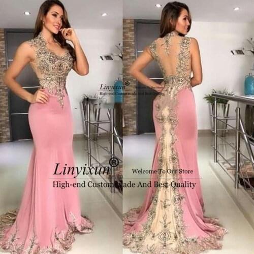 2021 Sexy Cheap Pink Mermaid Prom Dresses Wear V Neck Lace Appliques Crystal Beaded Sleeveless Sheer Back Formal Evening Gowns
