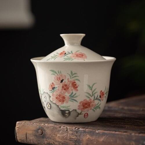 220ml Antique Style Tea Bowl With Lid Large Gaiwan Chinese Handpainted Ceramic Tureens Kung Fu Tea Set Big Cup Chawan Drinkware