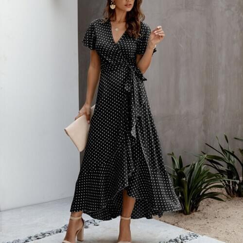 &35 Women Summer High Split Beach Boho Dress 2020 Sexy V-neck Short Sleeve Maxi Long Dress Vintage Dot Print Dresses Plus Size