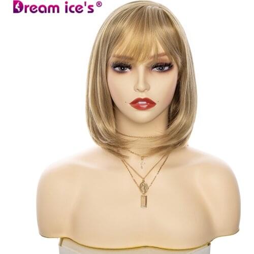 Dream.Ices White Women Synthetic Full Wigs Short Straight Bob Hairstyle Blonde HighLights Hair Wig Heat Resistant Free Shipping