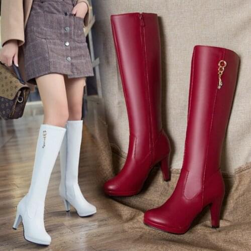 BLXQPYT Plus Size 32-46 White Patent Leather Women Knee High Boots High Heels Party Round Toe Autumn Winter Zip Long Shoes208-9