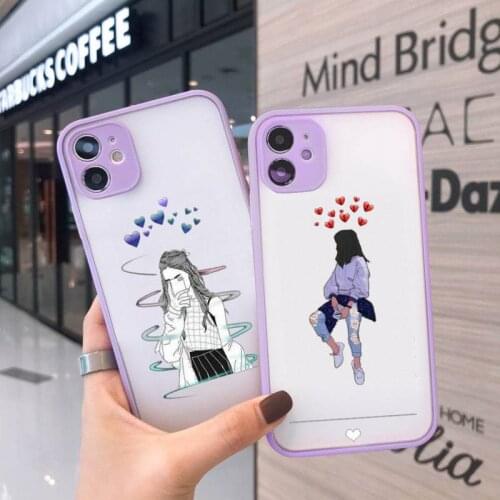 Ins heart senior boys and girls Phone Case For iPhone 12 11 Mini Pro XR XS Max 7 8 Plus X Matte transparent Purple Back Cover