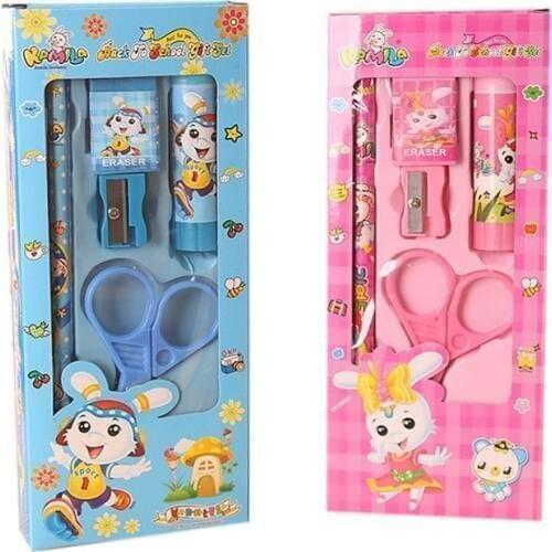 Children\s cartoon stationery set Toy Pencil sharpener Earser Scissors cute learning set 5 piece set Random Color