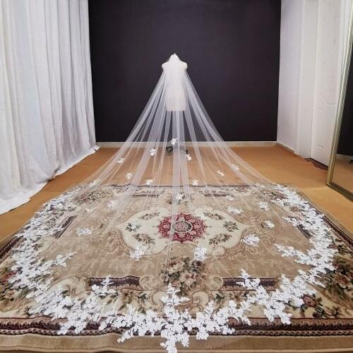 Real Photos Long Lace Appliques Wedding Veil White Ivory Cathedral Bridal 3.5 Meters Bride Accessories 2020