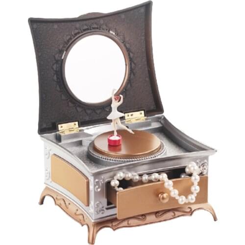 Creative Hand Cranked Plastic Pink Classic Dresser Rotating Girls Music Box Single Layer Drawer With Make-up Mirror