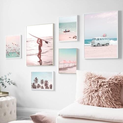 Sea Beach Bus Surf Girl Seagull Palm Tree Wall Art Canvas Painting Nordic Posters And Prints Wall Pictures For Living Room Decor