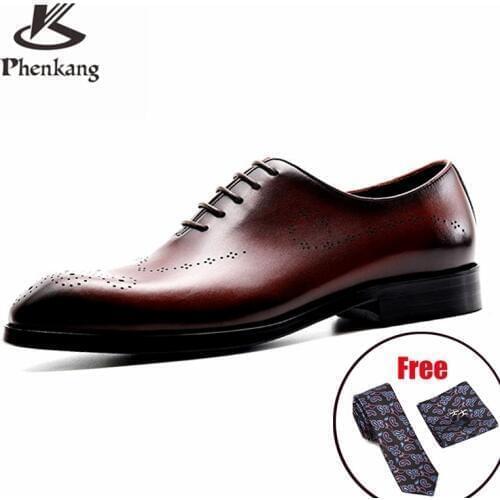 Men leather shoes business dress suit shoes men brand Bullock genuine leather black lace up wedding mens shoes Phenkang 2020