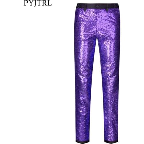 Pyjtrl Men Pure Color Sequins Velvet Pants Shiny Pruple Trousers Design For Nightclub Singers Slim Suit Expandable Waist Pants