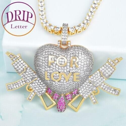 Drip Heart With Gun 3D Love Pendant Gold Color Cubic Zircon Mens Hip Hop Necklace Jewelry