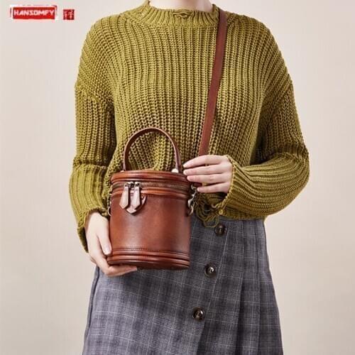 2020 New Leather Literary Women Bucket Bag Shoulder Messenger Bags Ladies Small Bags Retro Handmade Soft Leather Female Vintage