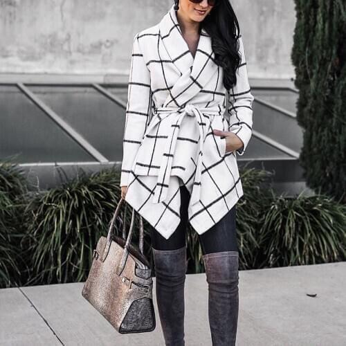 Fashion Plaid Coat Woman Winter Turn Down Shawl Collar Long Sleeve Woollen Blend Warm Overcoat Elegant Office Irregular Overcoat