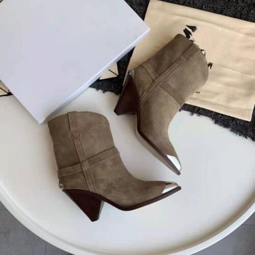 Paris Fashion Lamsy boots Genuine Suede Metal Toe Catwalk Shoes