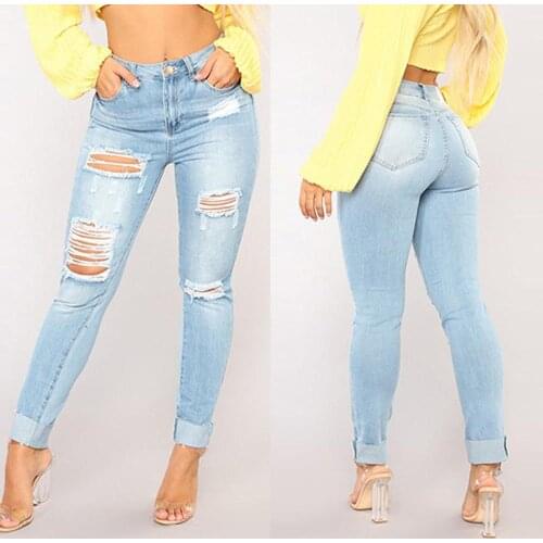 New Ripped Jeans Women Blue Denim Jeans Pancil Pants Fashion High Waist Slim Hole Casual Stretch Trousers Jeans