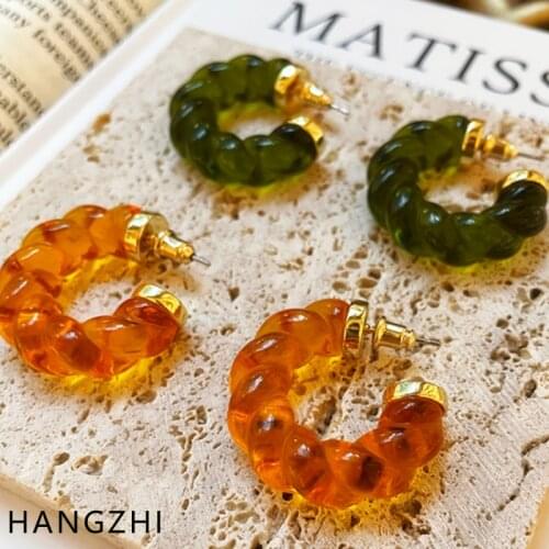 New Vintage Amber Transparent Clear Glass Twist C-shaped Copper Hoop Earrings Party Fashion Jewelry for Women Lady HANGZHI 2021