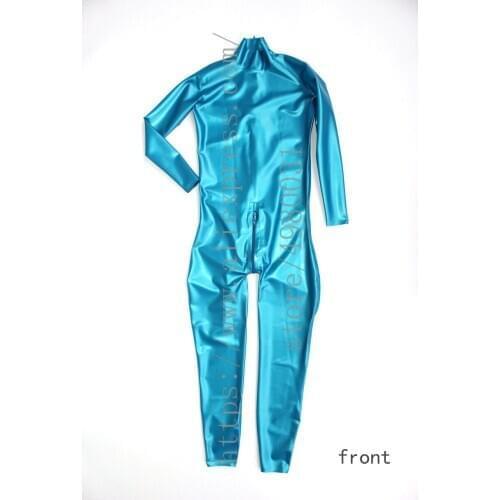 Bling latex Zentai metallic blue mens Fetish latex catsuit homme with back zip to abdomen