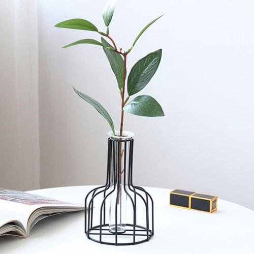 Nordic Glass Hydroponic Container Tabletop Vase Metal Plant Holder Geometric Wrought Iron Line Flower Pot Room Table Tops Decor
