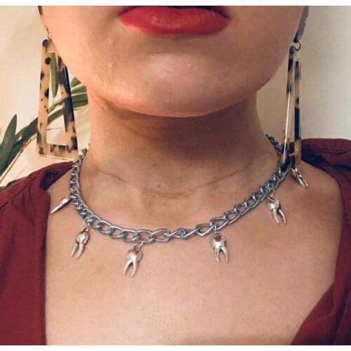 Antique Silver Color Tooth Pendant Necklace goth choker handmade tooth necklace