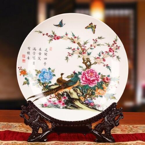 Modern Home Decor Ceramic Ornamental Plate Chinese Decoration Bird Plate Porcelain Flower Plate Set Setting Wall