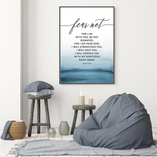 Bible Verse Isaiah 41:10 Fear Not Quote Canvas Painting Print Christian Wall Decorative Picture Blue Scripture Poster Home Decor