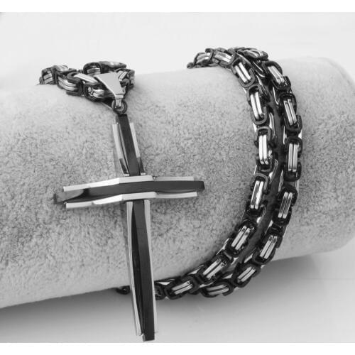 Granny Chic Fashion Male Silver Black Color Stainless Steel Byzantine Link Chain Jesus Cross Pendant Necklace Jewelry For Men