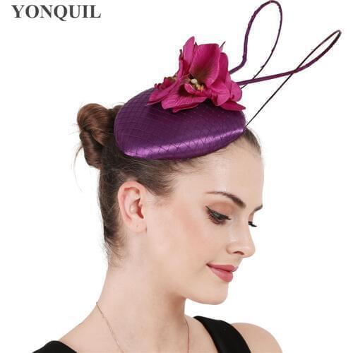 Satin Purple Flower Fashion Wedding Fascinator Women Hat Headband Flower Hair Accessories For Bride Occasion Church Fedora Caps