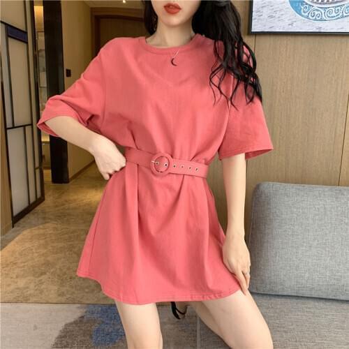 Solid Colors Women T-shirt 2020 Casual Short Sleeve Loose White Female O-Neck Belt Received Basic Tops Shirt Ladies Top Party 27