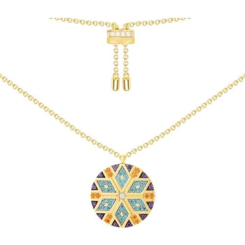 SLJELY Women Real 925 Sterling Silver Yellow Gold Color Colorful Zircon Tribal Necklace with Mana Geometric Shape Round Pendant
