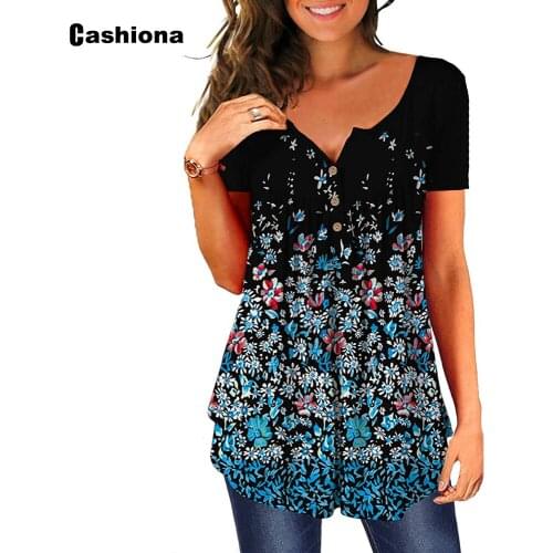 Cashiona Women Elegant Leisure Casual T-shirt Boho Flower Print Top Pullovers Loose Femme Clothing 2021 Summer Button Tees shirt