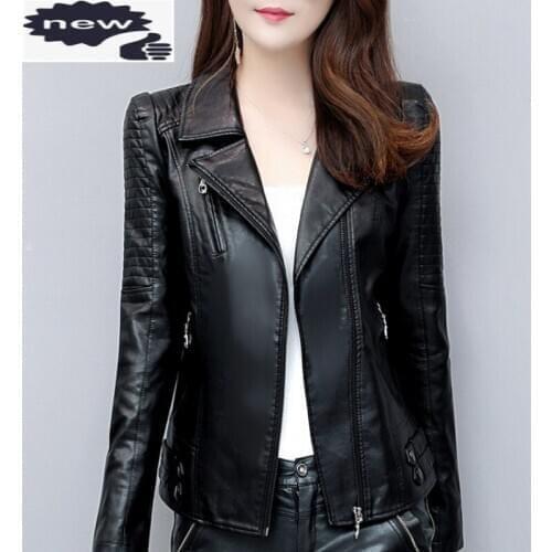 Women Short Slim Fit Pu Jacket Zipper Moto Biker Casual Faux Leather Outwear Coat Autumn Office Ladies Jackets Plus Size