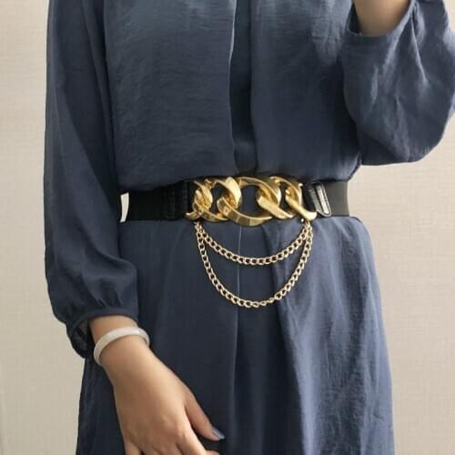 Woman new Wide 4cm Personality Cummerbund HOT Punk Alloy Metal Big Chain Buckle Belt Waist Strap Street Dance elastic waistbands