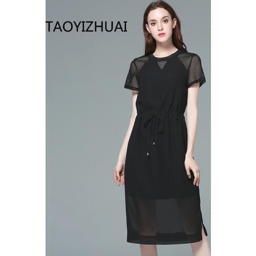 TAOYIZHUAI knee length loose solid hight street style plus size lace up waist perspective black chiffon womens dress 11534