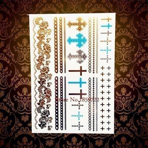 Gold Henna Temporary Tattoo Body Art Arm Sleeve Tatoo Stickers 21*15CM Cross Designs Flash Tatoo Bracelet Selfie tatouage taty