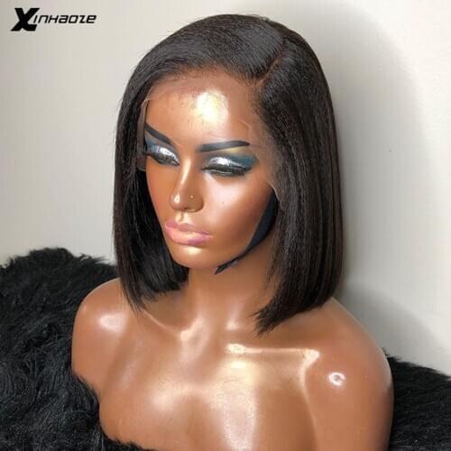 13X4 Lace Front Wig Remy Hair Side Part Light Yaki Straight Short Bob Wig Lace Front Human Hair Wigs For Black Women
