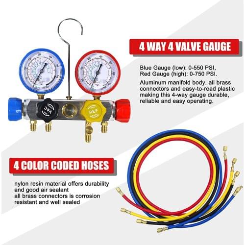 2021 UPGRATE Version 4 Way A/C Manifold Gauge Set Fits R134A R410A R22 Refrigerants with 5FT Hose Adjustable Quick Coupler