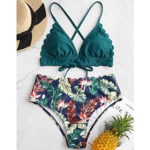 2021 New Arrival Sexy Leaf Print Bikini Female Swimsuit High Waist Bathing Suit Plus Size Swimwear Push Up Two-piece Bikini Set