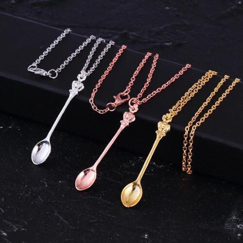 3 Colors Charm Tiny Tea Spoon Shape Pendant Necklace With Crown For Women Creative Mini Long Link Jewelry Spoon Necklace