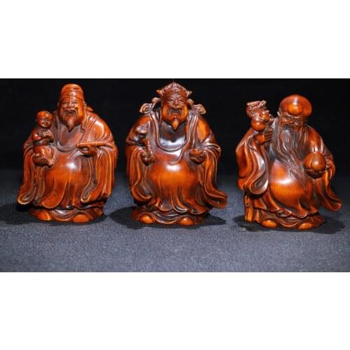 4"China Lucky Old Boxwood Hand-carved Fu Lu Shou Three statues Lucky fortune God of Longevity Office Ornaments Town House
